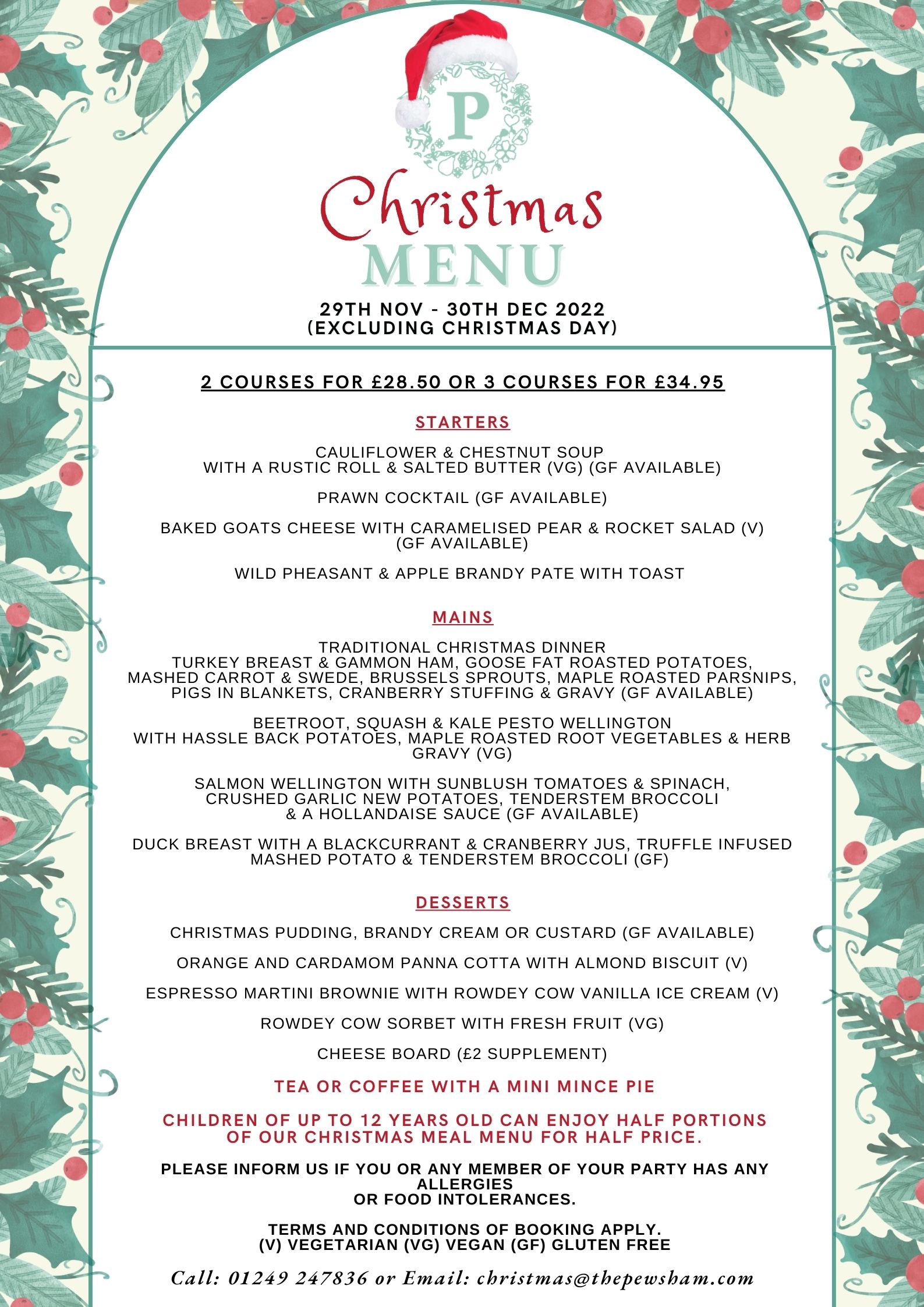 Christmas And New Year The PEWSHAM   XMAS Meal Menu 